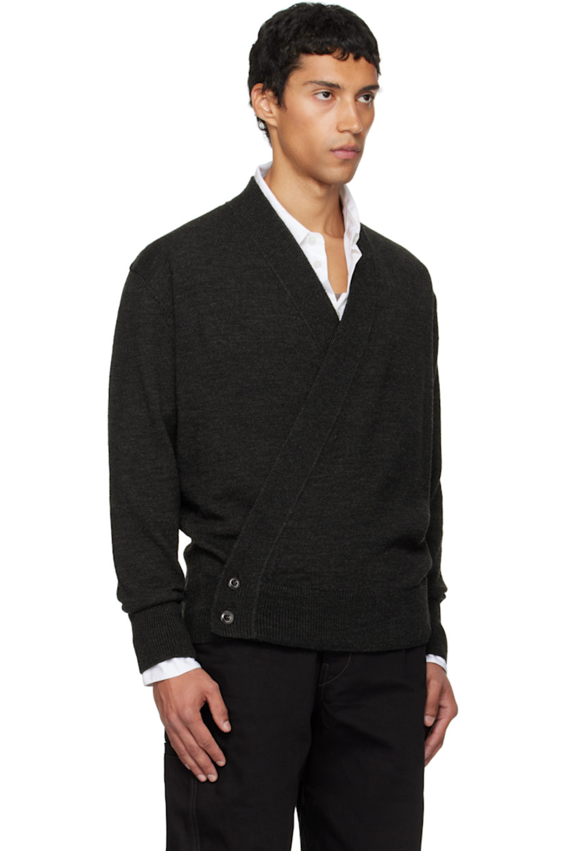 Knit alpaca-blend cardigan.

· Rib-knit Y-neck, hem, and cuffs
· Offset button closure
· Dropped shoulders

Supplier color: Dark espresso