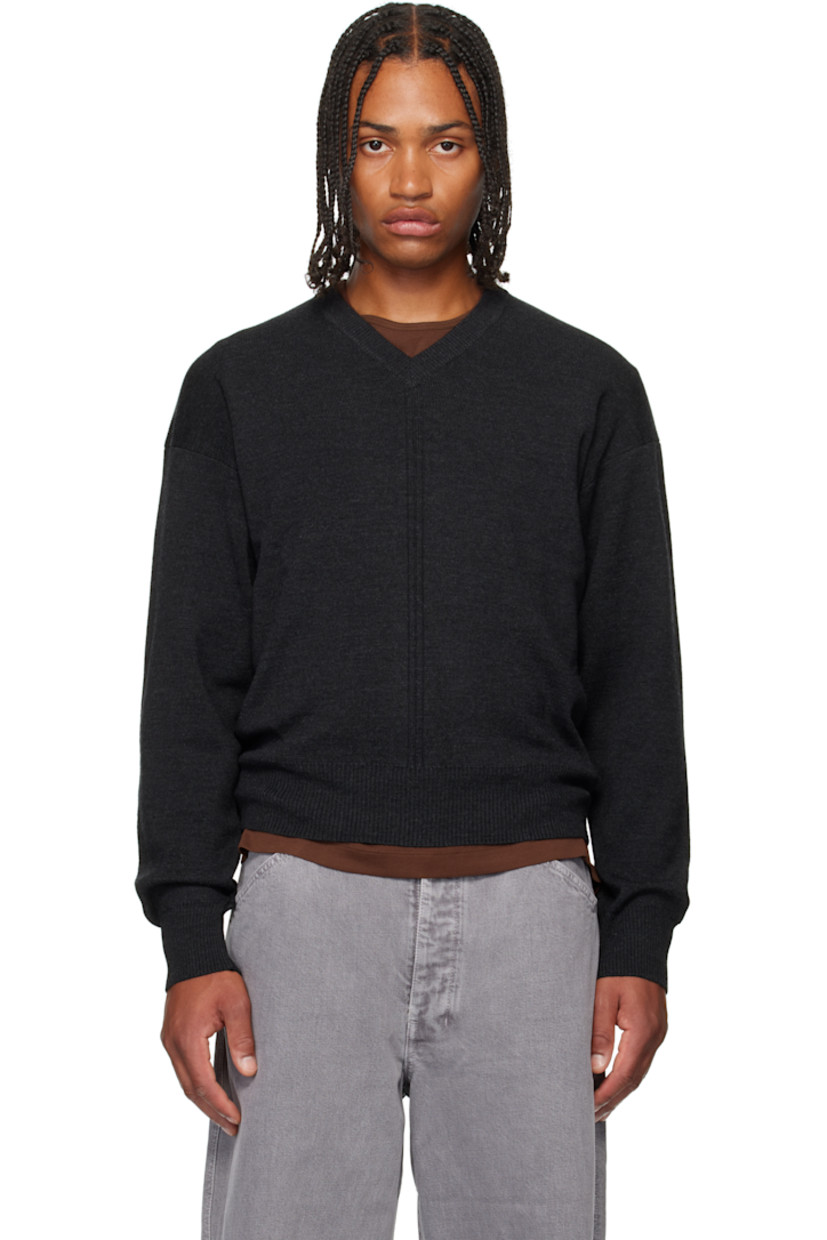 Knit wool-blend sweater. 

· Rib-knit V-neck, hem, and cuffs
· Central seam at front 
· Dropped shoulders

Supplier color: Anthracite