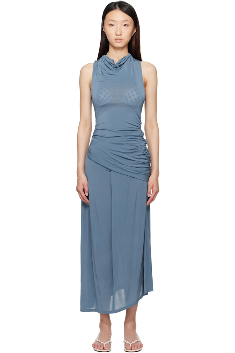 Semi-sheer stretch viscose jersey midi dress.

· Cowl neck
· Draping at waist
· Asymmetrical hem
· Ruching at sides

Supplier color: Blue