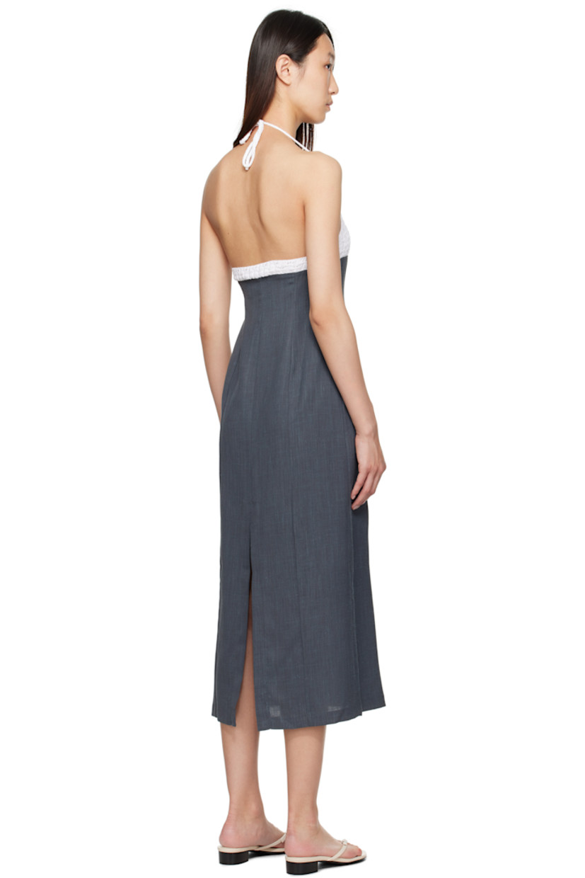 Recycled polyester- and merino wool-blend twill midi dress.

· Scoop neck
· Knit organic cotton panel at chest
· Concealed zip closure at side
· Self-tie halter strap
· Vent at back hem
· Mulesing-free wool

Supplier color: Grey
