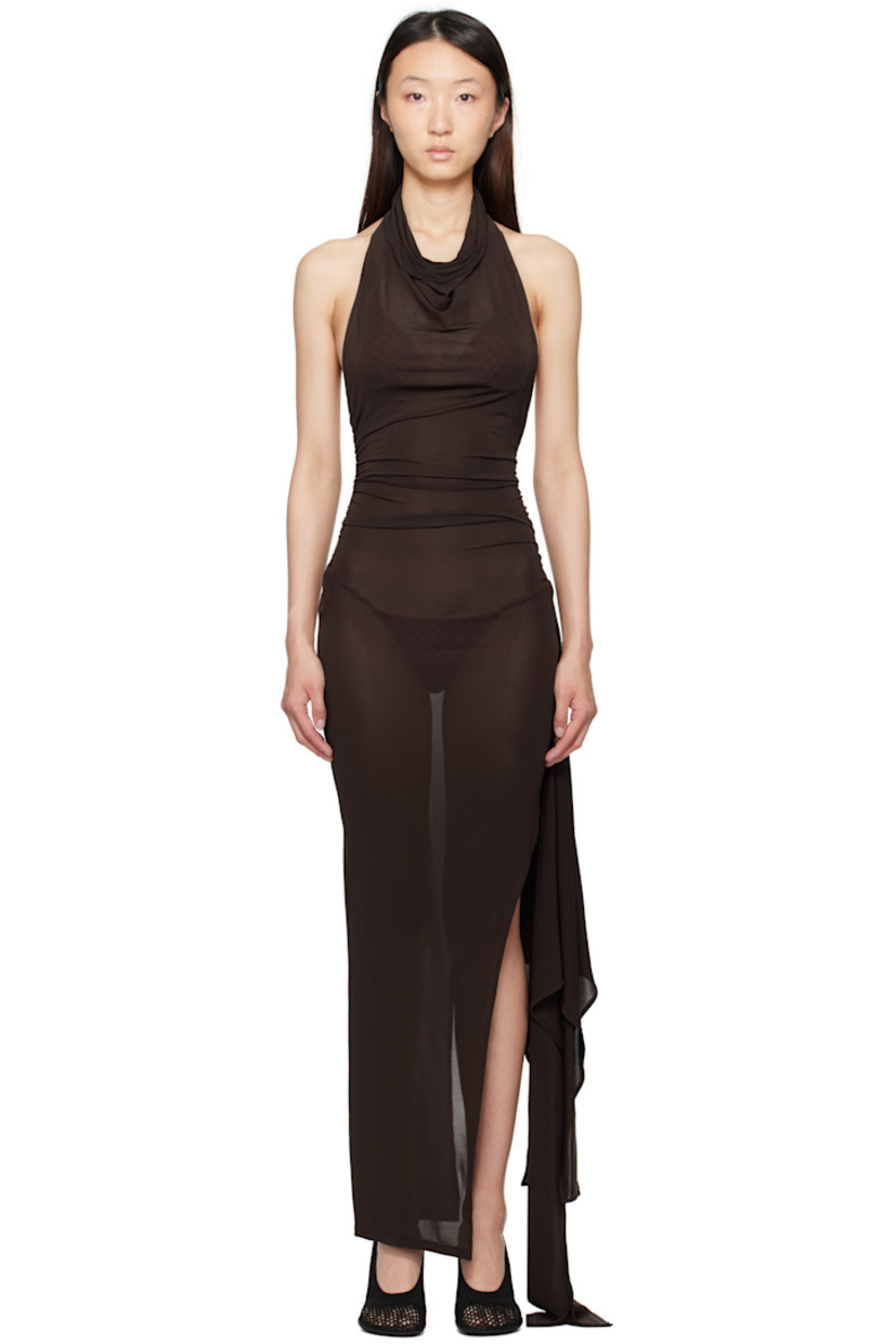 Semi-sheer stretch viscose jersey maxi dress.

· FSC-certified viscose
· Cowl neck
· Ruching at sides
· Slit and extended ruffled trim at hem
· Open back

Supplier color: Brown