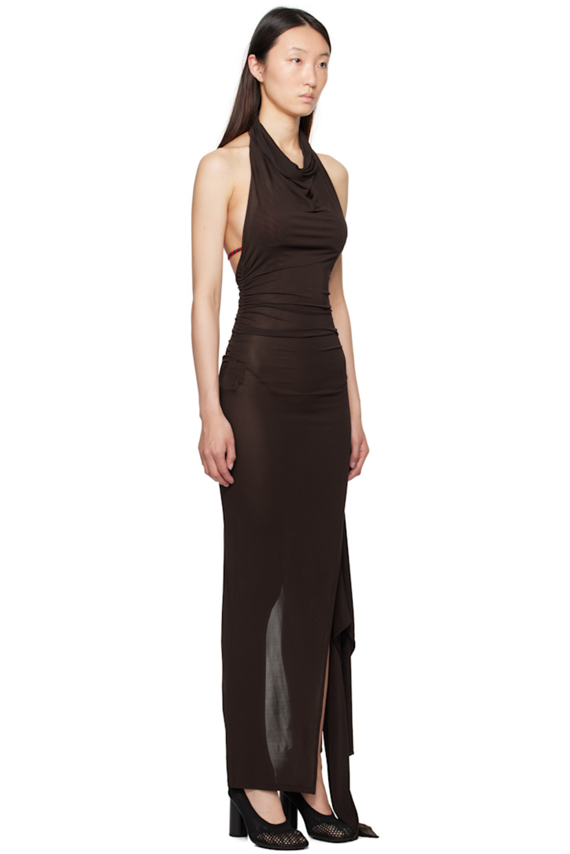 Semi-sheer stretch viscose jersey maxi dress.

· FSC-certified viscose
· Cowl neck
· Ruching at sides
· Slit and extended ruffled trim at hem
· Open back

Supplier color: Brown