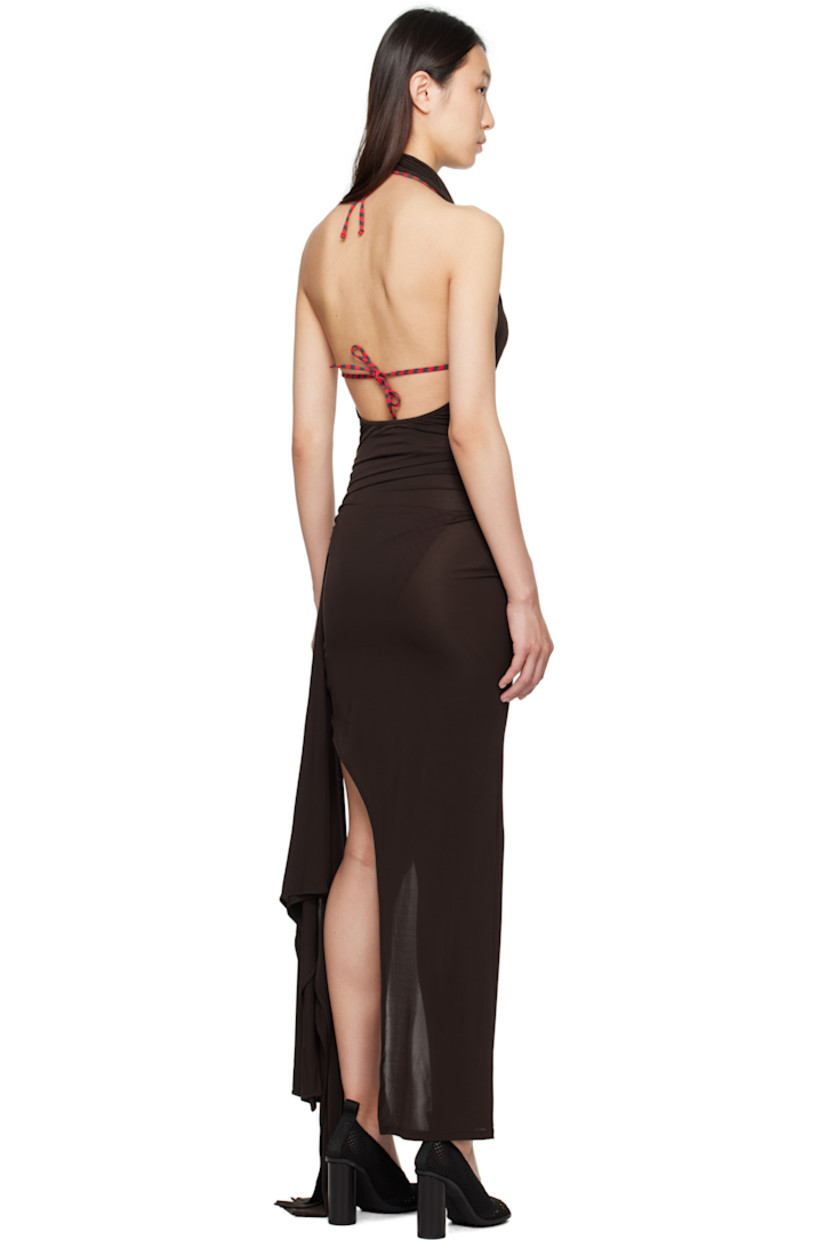 Semi-sheer stretch viscose jersey maxi dress.

· FSC-certified viscose
· Cowl neck
· Ruching at sides
· Slit and extended ruffled trim at hem
· Open back

Supplier color: Brown