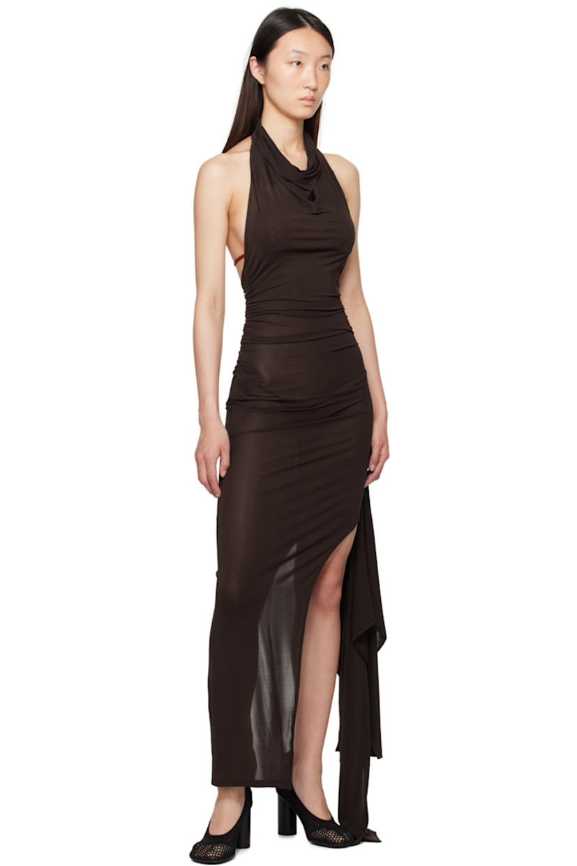Semi-sheer stretch viscose jersey maxi dress.

· FSC-certified viscose
· Cowl neck
· Ruching at sides
· Slit and extended ruffled trim at hem
· Open back

Supplier color: Brown