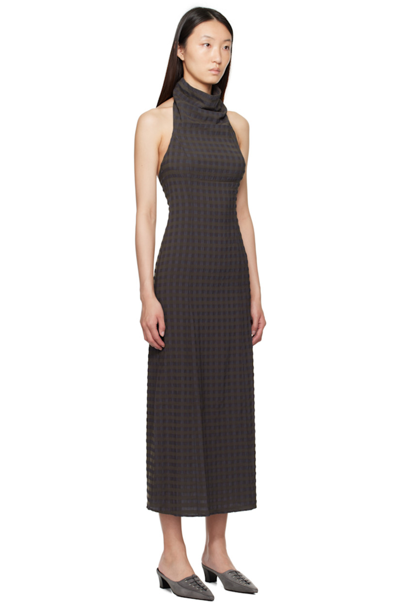 Stretch viscose-blend seersucker maxi dress. Check pattern throughout.

· Button fastening at cowl neck
· Concealed zip closure at side
· Open back
· Unlined

Supplier color: Brown
