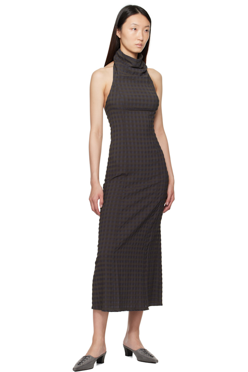 Stretch viscose-blend seersucker maxi dress. Check pattern throughout.

· Button fastening at cowl neck
· Concealed zip closure at side
· Open back
· Unlined

Supplier color: Brown