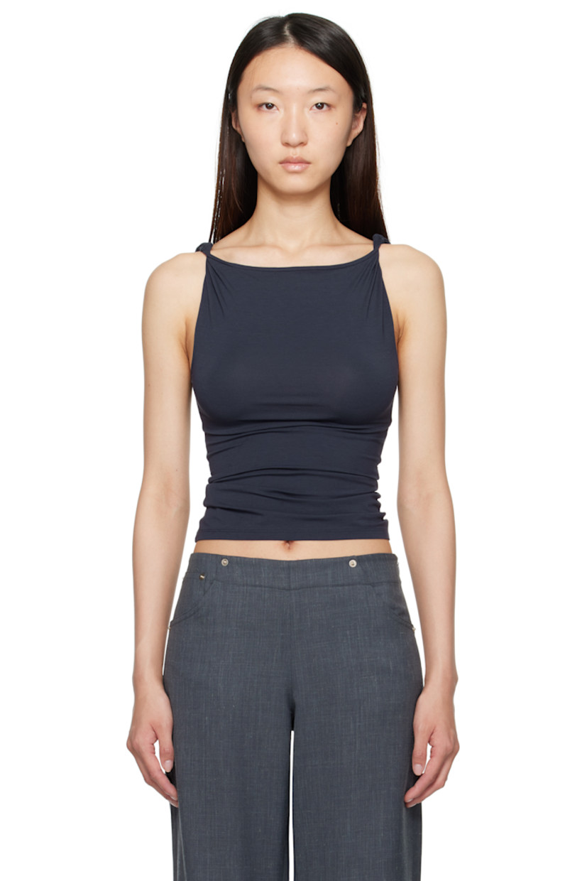 Stretch micromodal jersey tank top.

· Draped boatneck
· Twisted detailing at shoulders

Supplier color: Navy