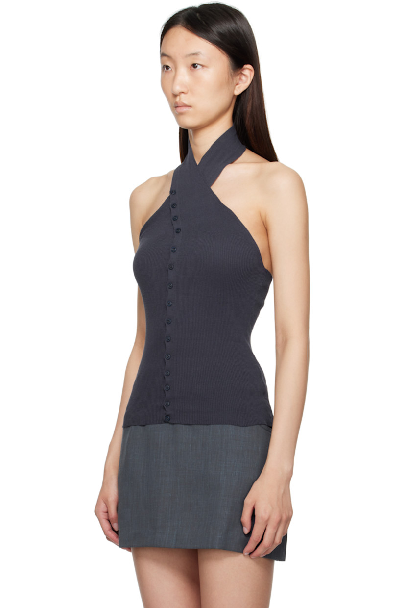 Rib-knit organic cotton-blend top.

· Button closure
· Fixed halter strap
· Open back

Supplier color: Navy