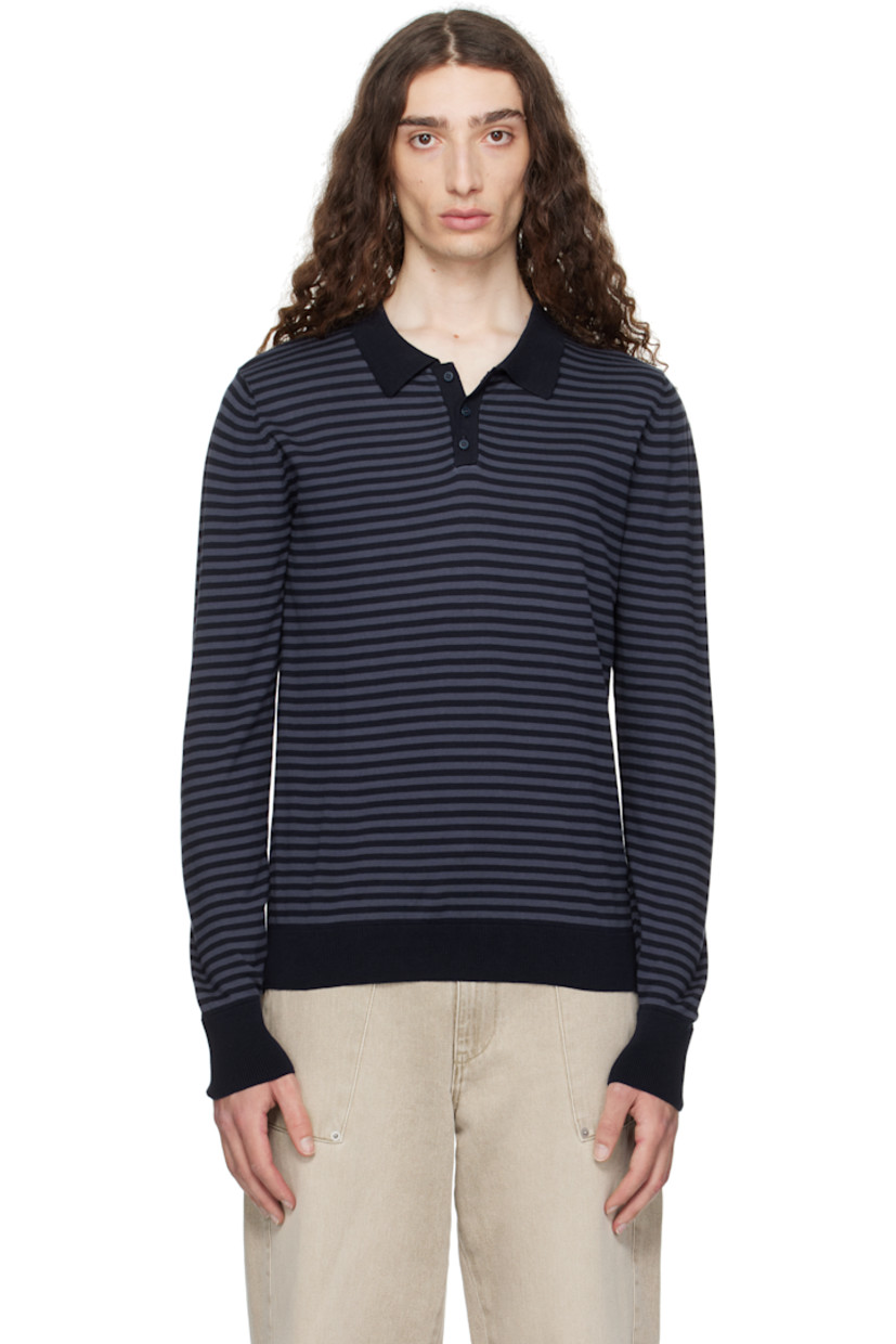 Knit mako cotton polo.

· Jacquard stripes throughout 
· Rib-knit spread collar, hem, and cuffs
· Three-button placket

Supplier color: Navy