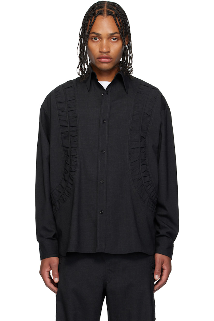 Plain-woven stretch wool-blend shirt.

· Gathering throughout 
· Spread collar 
· Button closure
· Shirttail hem 
· Pleats at buttoned barrel cuffs
· Dropped shoulders
· Box pleat at back yoke 

Supplier color: Charcoal