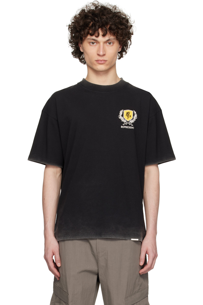 Oversized 220 gsm cotton jersey T-shirt. Fading throughout. 

· Rib-knit crewneck
· Logo graphic printed at chest
· Logo plaque at hem
· Dropped shoulders
· Logo, graphic, and text printed at back

Supplier color: Vintage black