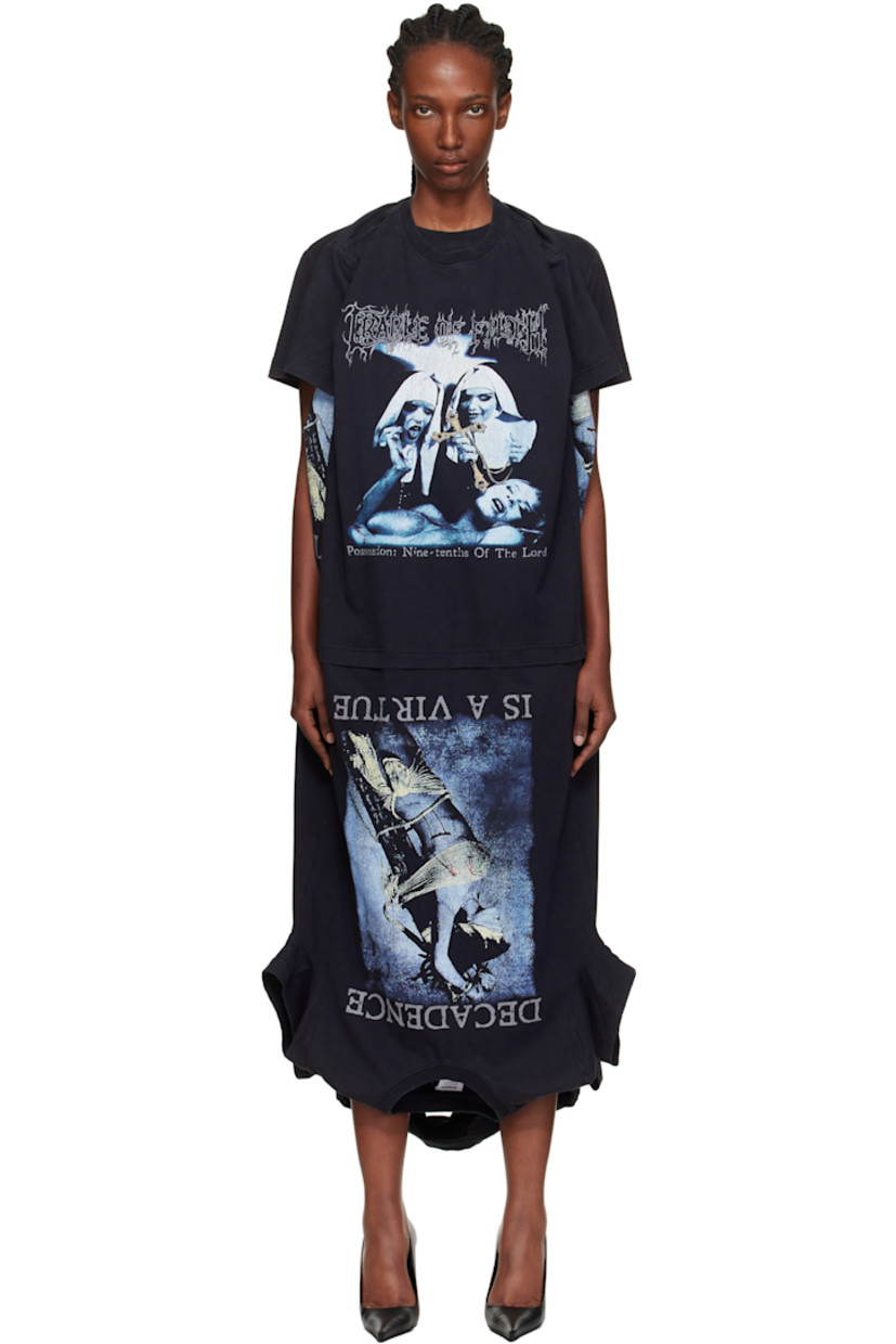 Cotton jersey maxi dress.

· Text and graphics printed throughout
· Paneled construction
· Rib-knit crewneck
· Raw edge at asymmetrical hem
· Logo embroidered at back collar
· Cutout at back

Part of the Cradle of Filth capsule.

Supplier color: Washed black