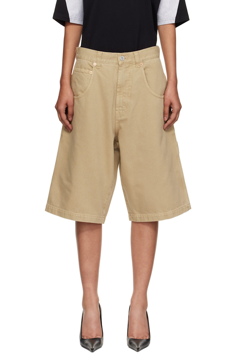 Non-stretch denim shorts.

· Belt loops
· Five-pocket styling
· Zip fly
· Hammer loop at outseam
· Patch pockets and embroidered logo at back leg
· Logo-engraved silver- and copper-tone hardware

Supplier color: Camel