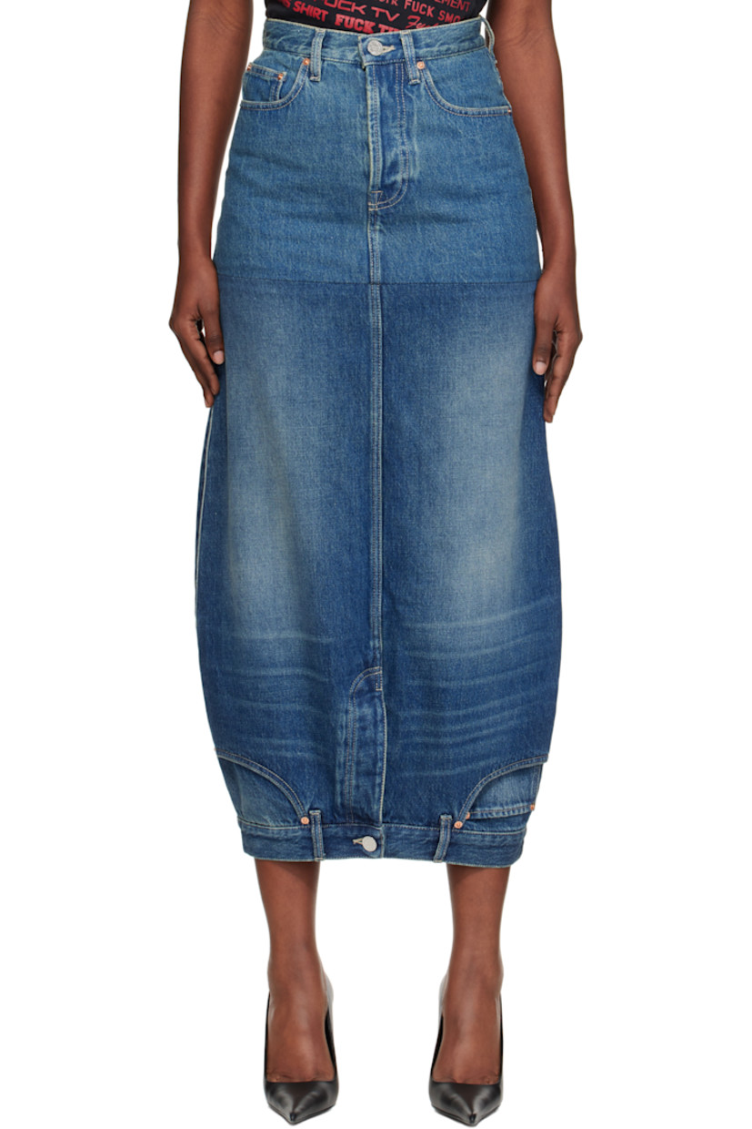 Non-stretch denim midi skirt.

· Fading and whiskering throughout
· Paneled construction
· Belt loops
· Five-pocket styling
· Button fly
· Belt loops and button vent at hem
· Logo patch at back waistband and hem
· Central vent at back hem
· Contrast stitching in white

Supplier color: Blue/Navy