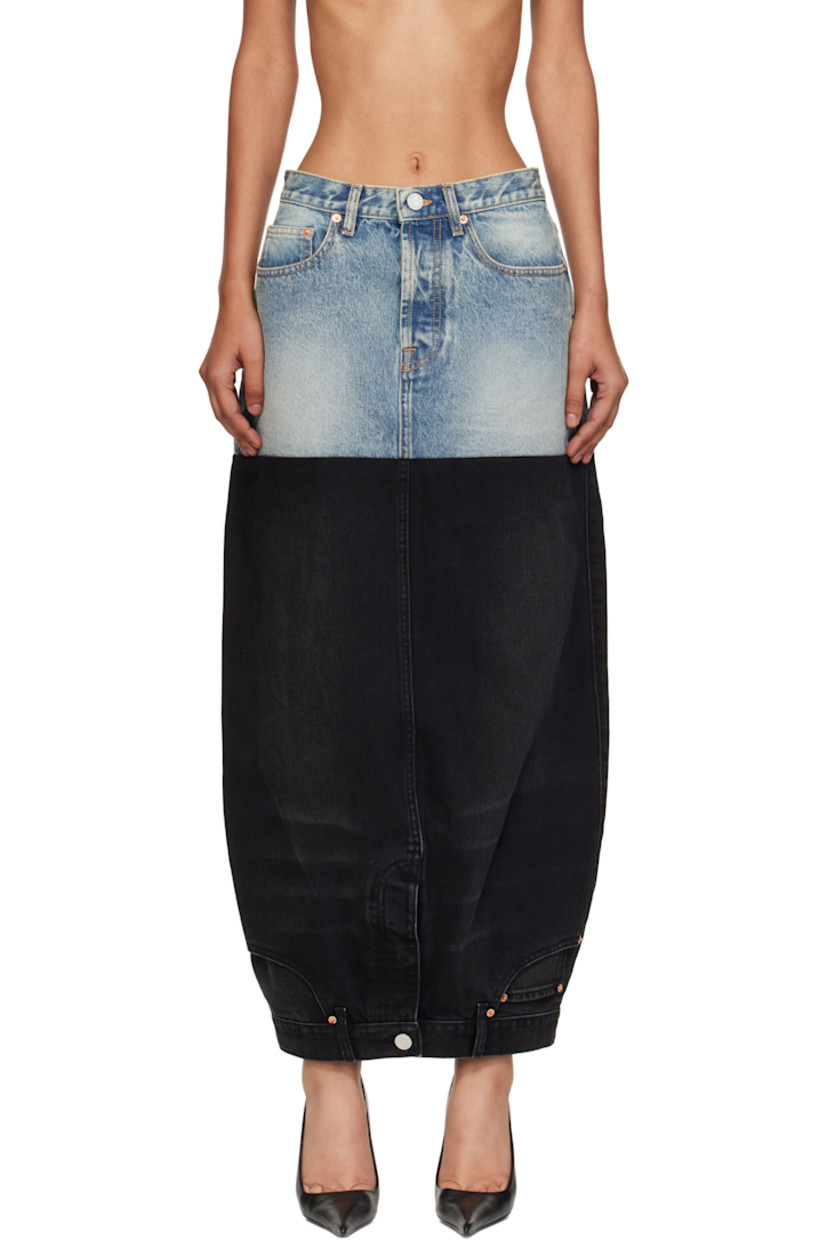 Non-stretch denim maxi skirt. 

· Can be worn upside down
· Fading and whiskering throughout 
· Belt loops
· Five-pocket styling
· Button fly 
· Leather logo patch at back waistband
· Contrast stitching in tan 

Supplier color: Blue/Black