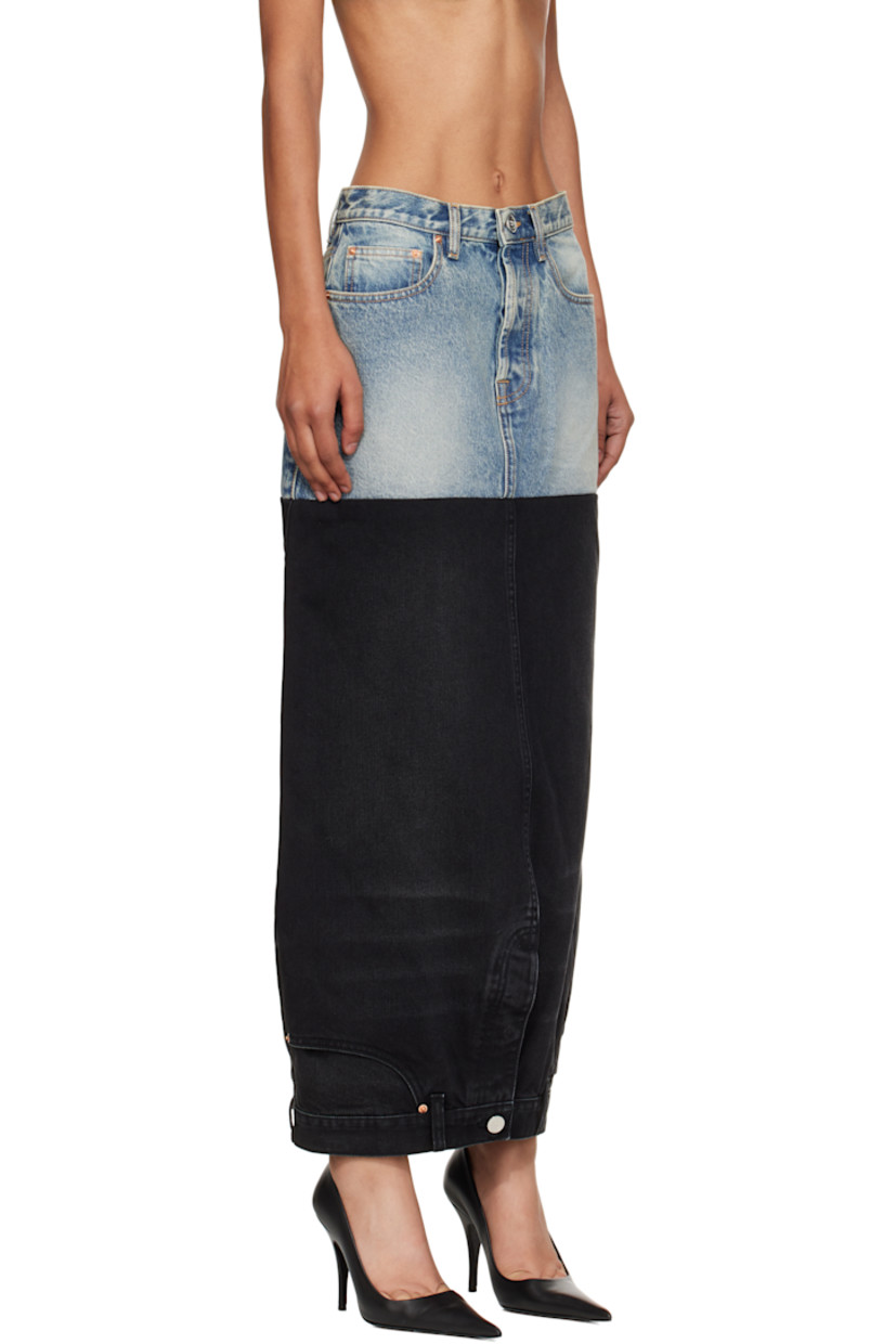 Non-stretch denim maxi skirt. 

· Can be worn upside down
· Fading and whiskering throughout 
· Belt loops
· Five-pocket styling
· Button fly 
· Leather logo patch at back waistband
· Contrast stitching in tan 

Supplier color: Blue/Black
