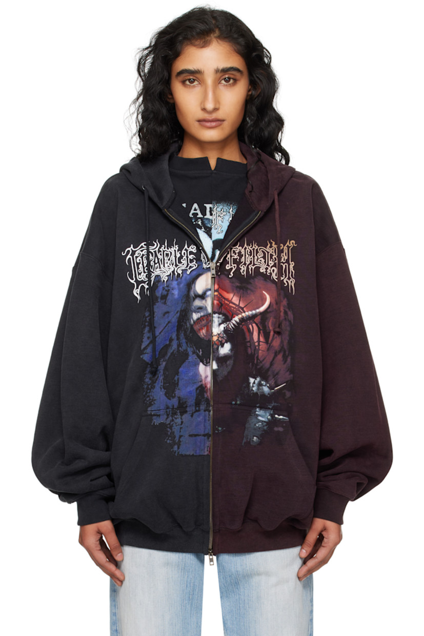 Cotton French terry hoodie.

· Embroidered logo and drawstring at hood
· Two-way zip closure
· Text and graphic printed at front and back
· Patch pockets at waist
· Rib-knit hem and cuffs
· Dropped shoulders

Part of the Cradle of Filth capsule.

Supplier color: Black/Red