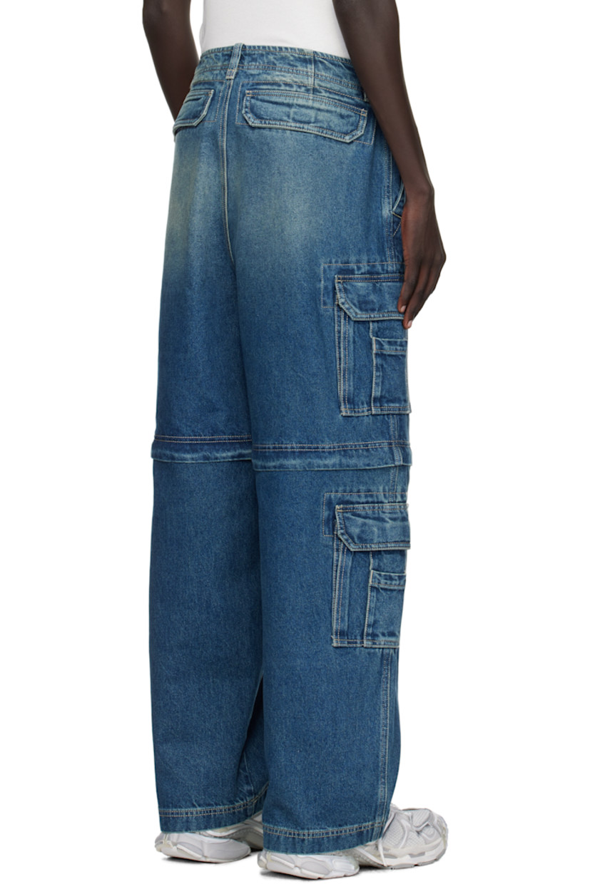 Non-stretch denim cargo pants. 

· Fading and whiskering throughout 
· Belt loops
· Four-pocket styling
· Zip fly 
· Cargo pockets at outseams
· Zip fastening at knees for shorts styling
· Contrast stitching in beige

Supplier color: Vintage navy