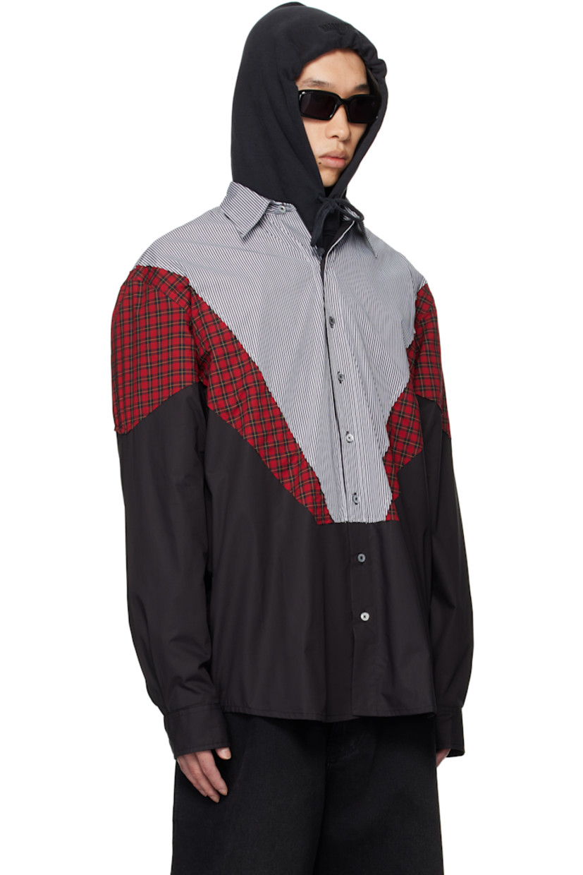Cotton poplin shirt.

· Check pattern and stripes throughout
· Paneled construction
· Spread collar
· Button closure
· Shirttail hem
· Buttoned barrel cuffs
· Pleats at back yoke

Supplier color: Black stripes/Red