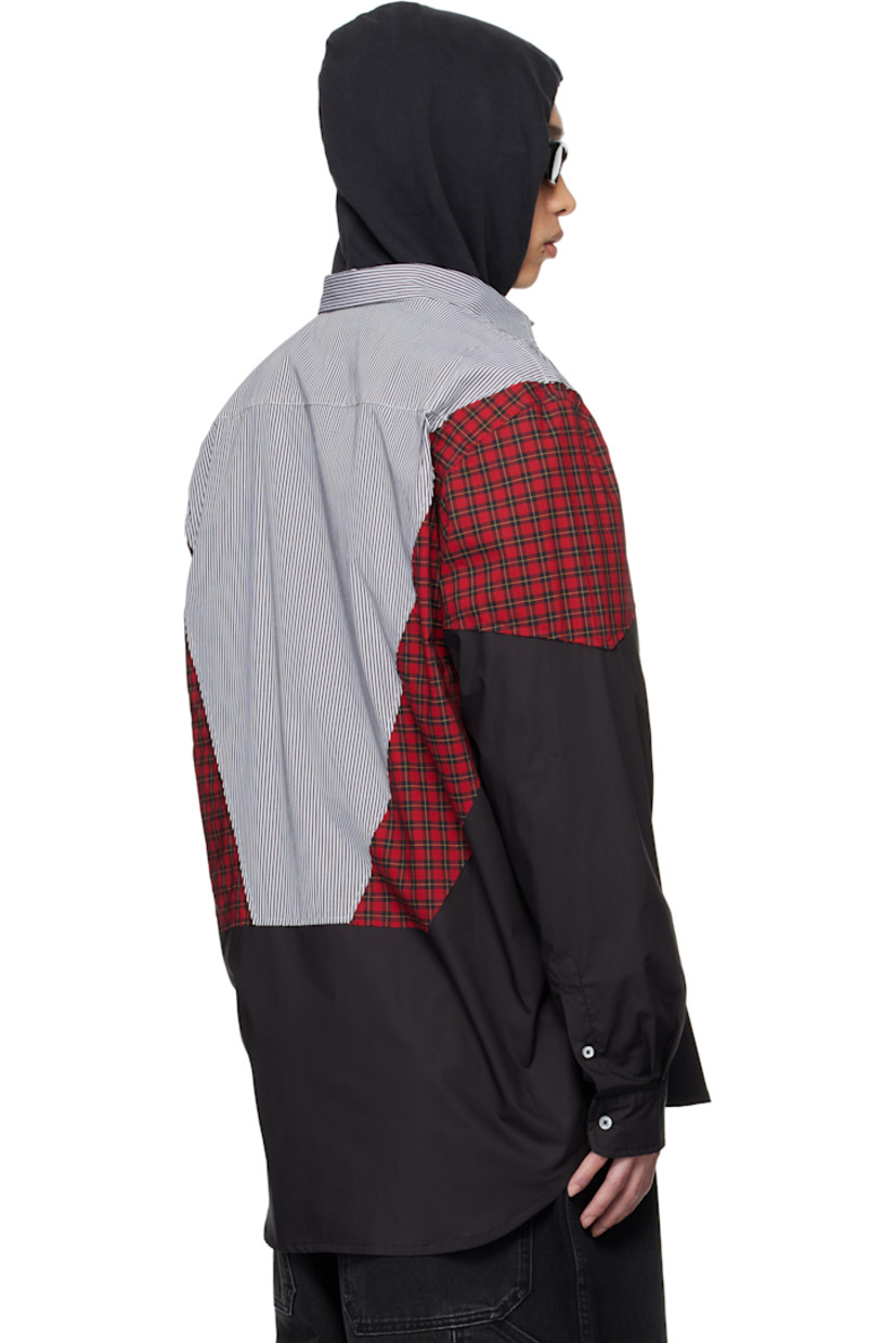 Cotton poplin shirt.

· Check pattern and stripes throughout
· Paneled construction
· Spread collar
· Button closure
· Shirttail hem
· Buttoned barrel cuffs
· Pleats at back yoke

Supplier color: Black stripes/Red