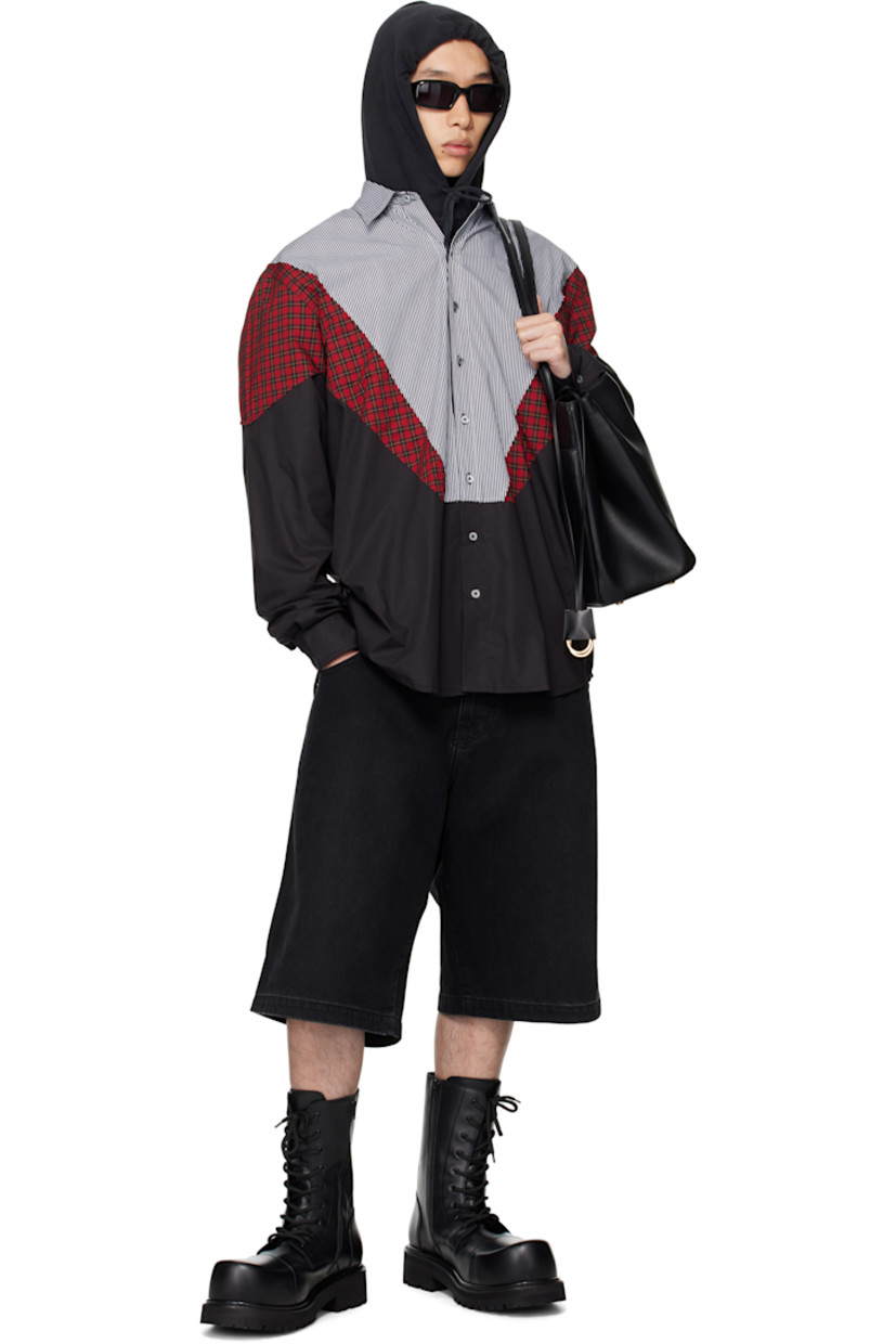 Cotton poplin shirt.

· Check pattern and stripes throughout
· Paneled construction
· Spread collar
· Button closure
· Shirttail hem
· Buttoned barrel cuffs
· Pleats at back yoke

Supplier color: Black stripes/Red