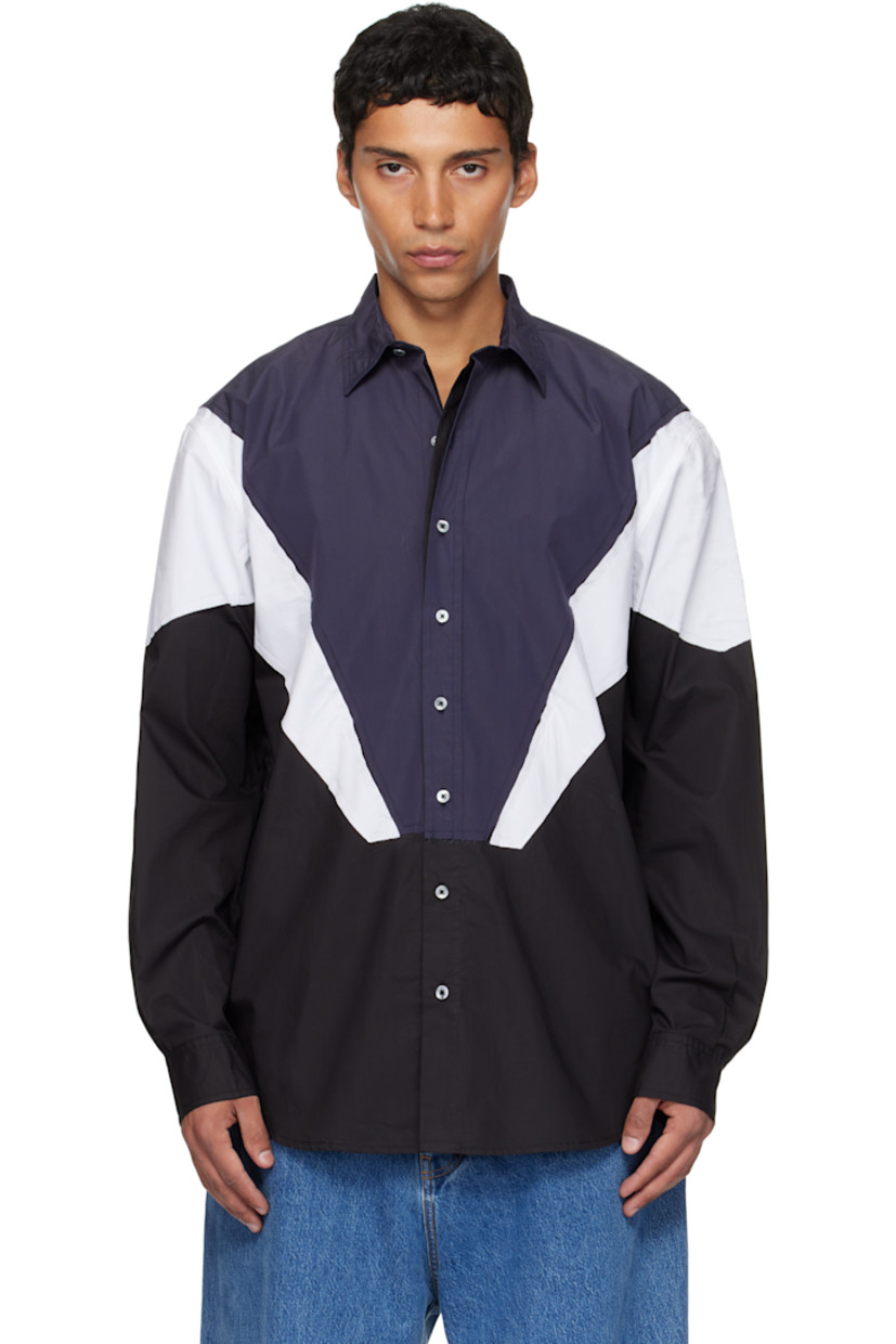 Cotton-blend taffeta and cotton poplin shirt.

· Raw edges throughout
· Paneled construction
· Spread collar
· Button closure
· Shirttail hem
· Buttoned barrel cuffs
· Pleats at back yoke

Supplier color: Black/Navy/White