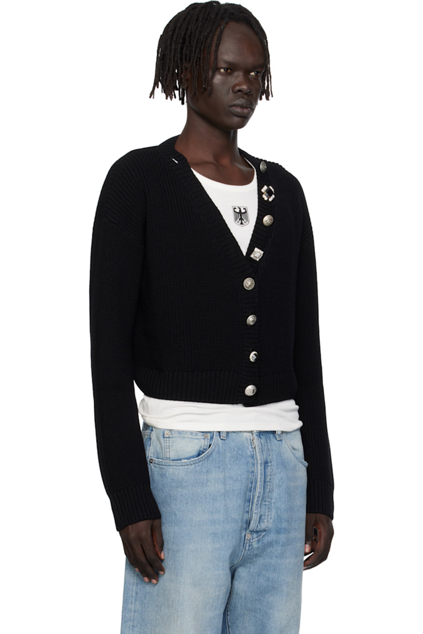 Rib-knit merino wool cardigan.

· V-neck
· Button closure extends to neck
· Cropped hem
· Dropped shoulders
· Engraved and crystal-cut hardware

Supplier color: Black
