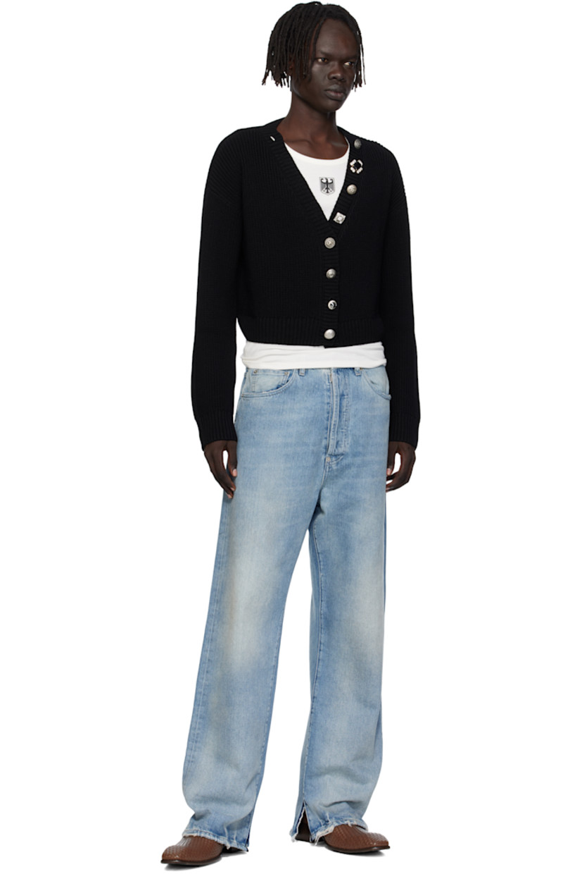 Rib-knit merino wool cardigan.

· V-neck
· Button closure extends to neck
· Cropped hem
· Dropped shoulders
· Engraved and crystal-cut hardware

Supplier color: Black