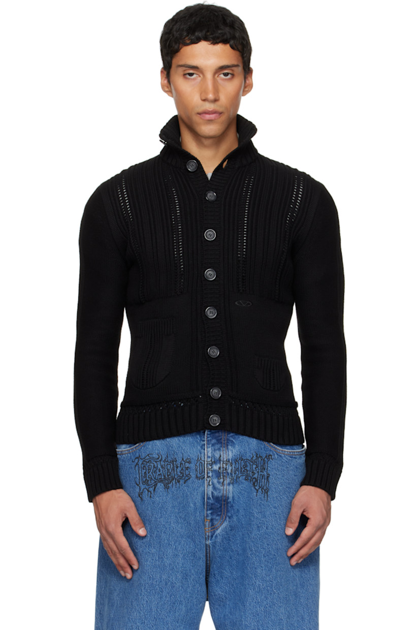 Rib-knit cotton cardigan.

· Stand collar
· Button closure
· Embroidered logo and patch pockets at front

Supplier color: Black