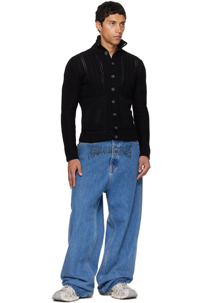 Rib-knit cotton cardigan.

· Stand collar
· Button closure
· Embroidered logo and patch pockets at front

Supplier color: Black