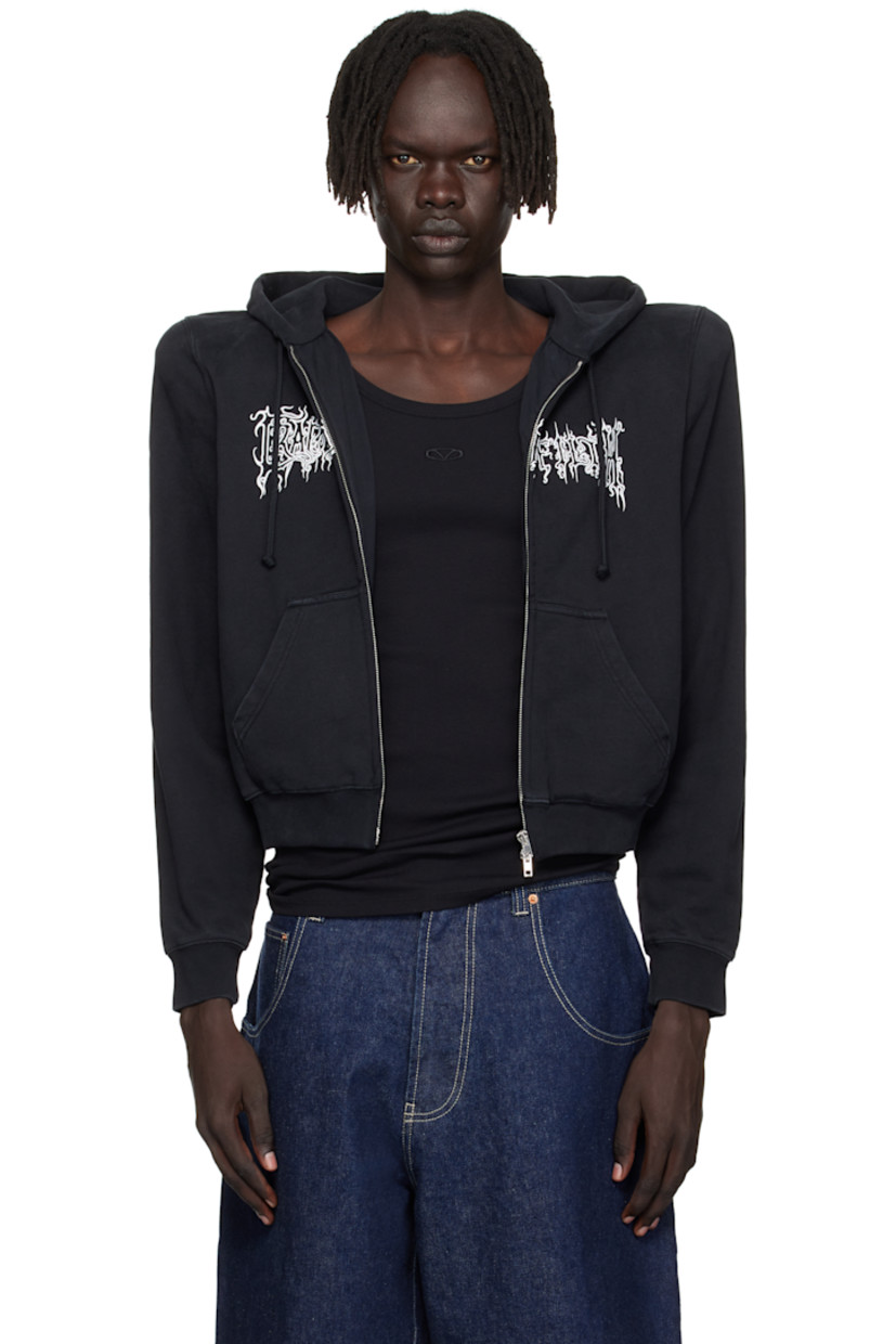 Cotton French terry hoodie.

· Drawstring and embroidered logo at hood
· Two-way zip closure
· Text printed at front
· Patch pockets at waist
· Cropped hem
· Rib-knit hem and cuffs
· Padded shoulders
· Full jersey lining

Part of the Cradle of Filth capsule.

Supplier color: Washed black