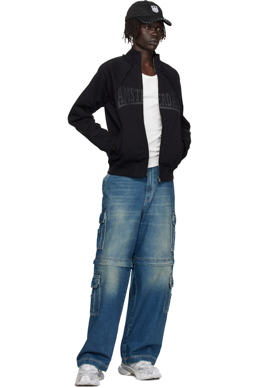 Cotton-blend French terry sweatshirt.

· Raw edges throughout
· Paneled construction
· Stand collar
· Two-way zip closure
· Embroidered text at chest
· Welt pockets at waist
· Rib-knit hem and cuffs
· Raglan sleeves
· Logo embroidered at back collar

Supplier color: Black