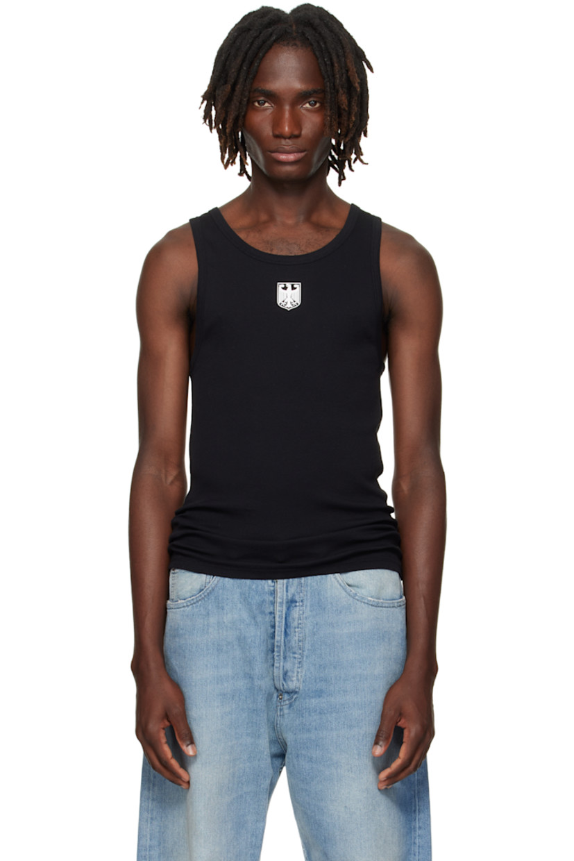 Rib-knit stretch cotton tank top.

· Scoop neck
· Graphic printed at chest
· Logo embroidered at back collar

Supplier color: Black