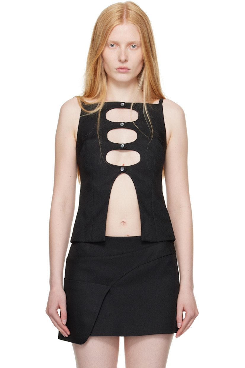 Polyester barathea top. 

· Straight neck 
· Button closure with cutouts at front
· Darts at front and back
· Zip closure at back collar
· Viscose satin lining

Supplier color: Black