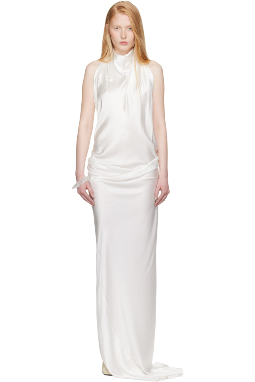 Silk satin midi dress.

· Draped construction
· Halter strap
· Gathering at side seams
· Slit at asymmetrical hem
· Open back

Part of the exclusive SSENSE Bridal capsule.

Supplier color: White