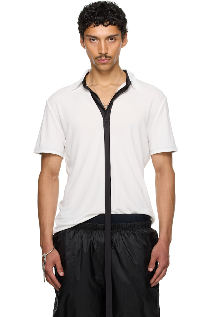 Viscose jersey polo.

· Rib-knit spread collar
· Extended satin trim at open placket

Part of the exclusive SSENSE HEAT capsule. 

Supplier color: White/Black