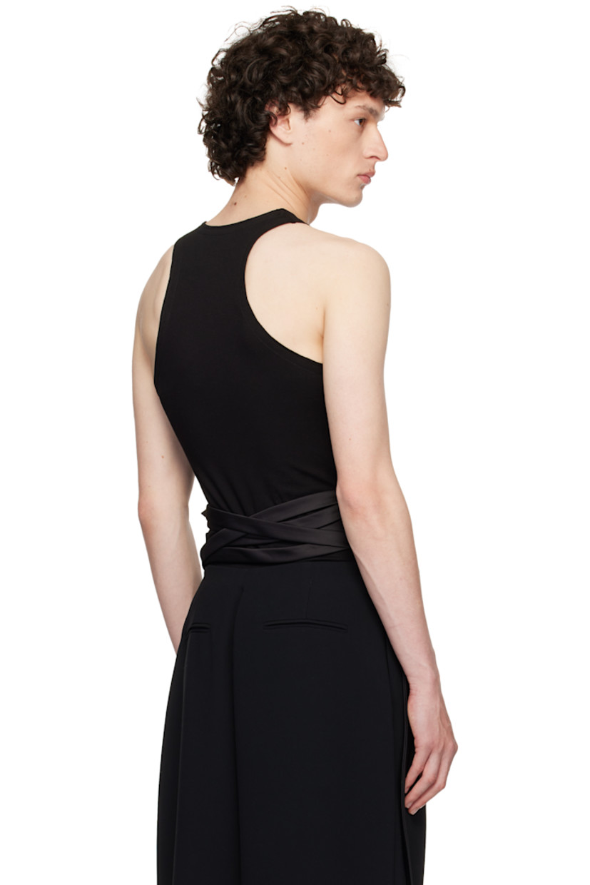 Viscose jersey tank top. Raw edges throughout

· Scoop neck
· Fixed satin self-tie belt at waist
· Racer back
· Satin trim at interior seams

Supplier color: Black