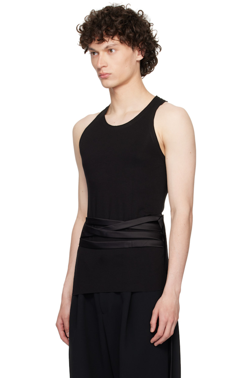 Viscose jersey tank top. Raw edges throughout

· Scoop neck
· Fixed satin self-tie belt at waist
· Racer back
· Satin trim at interior seams

Supplier color: Black