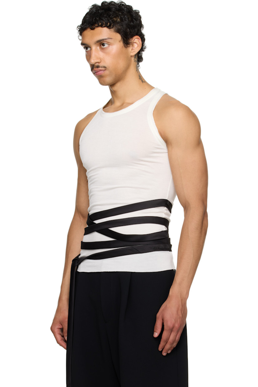 Polyester jersey tank top.

· Raw edge at scoop neck, hem, and armscyes
· Extended self-tie satin trim at waist
· Satin trim at armscyes and inner collar

Part of the exclusive SSENSE HEAT capsule. 

Supplier color: White jersey