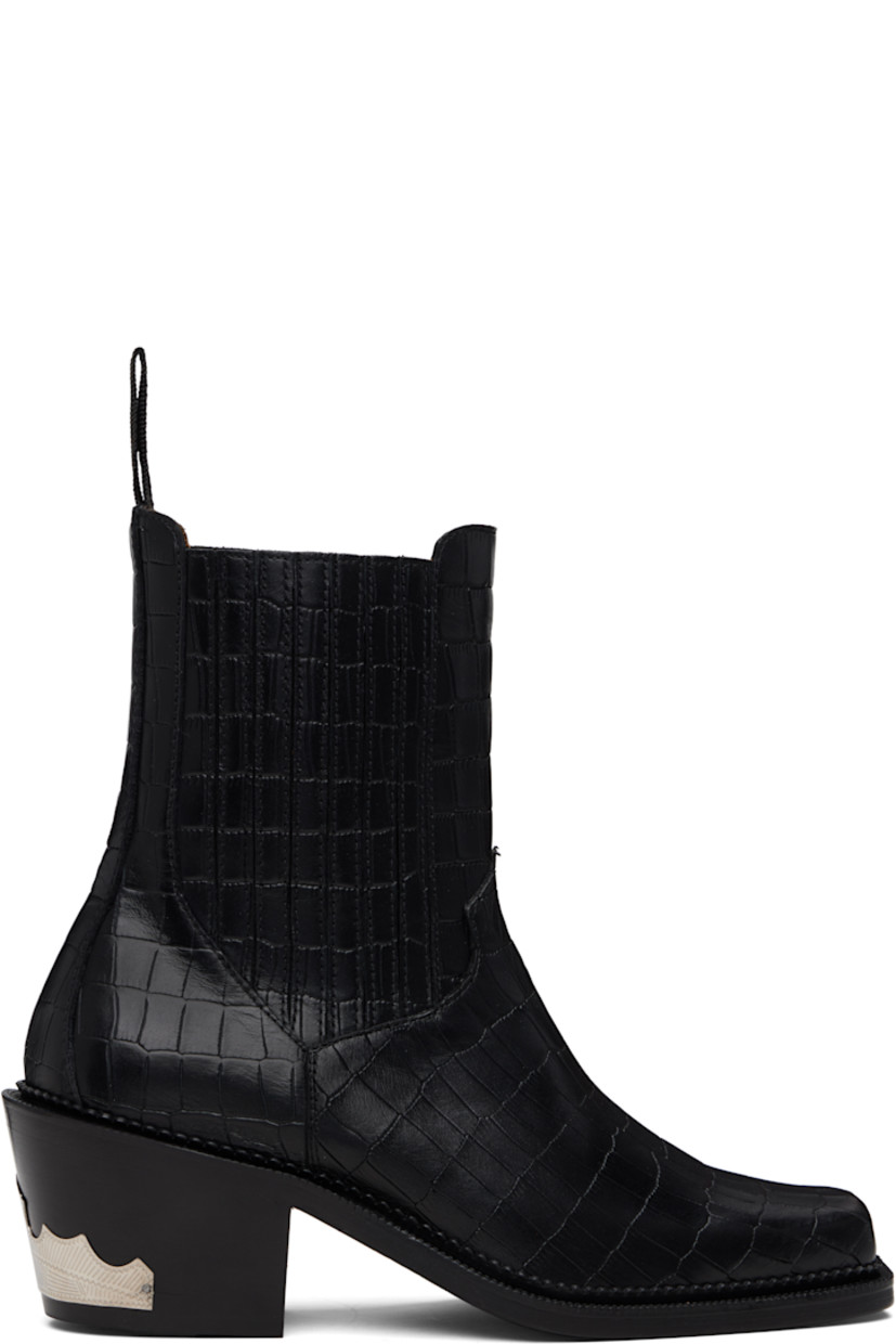 Ankle-high croc-embossed leather boots.

· Square toe
· Leather-covered elasticized gussets
· Pull-loop at heel collar
· Leather lining
· Stacked leather heel
· Treaded rubber sole
· Heel: H2.75"

Available exclusively at SSENSE. 

Supplier color: Black