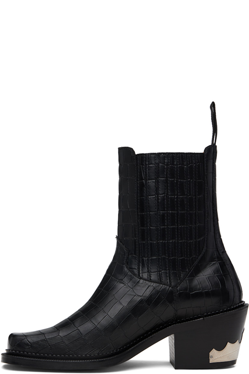 Ankle-high croc-embossed leather boots.

· Square toe
· Leather-covered elasticized gussets
· Pull-loop at heel collar
· Leather lining
· Stacked leather heel
· Treaded rubber sole
· Heel: H2.75"

Available exclusively at SSENSE. 

Supplier color: Black