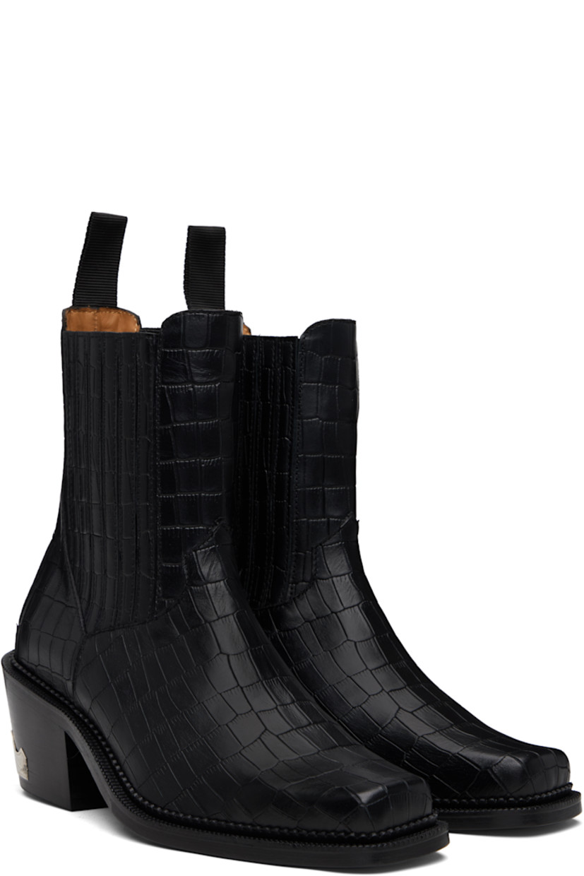 Ankle-high croc-embossed leather boots.

· Square toe
· Leather-covered elasticized gussets
· Pull-loop at heel collar
· Leather lining
· Stacked leather heel
· Treaded rubber sole
· Heel: H2.75"

Available exclusively at SSENSE. 

Supplier color: Black