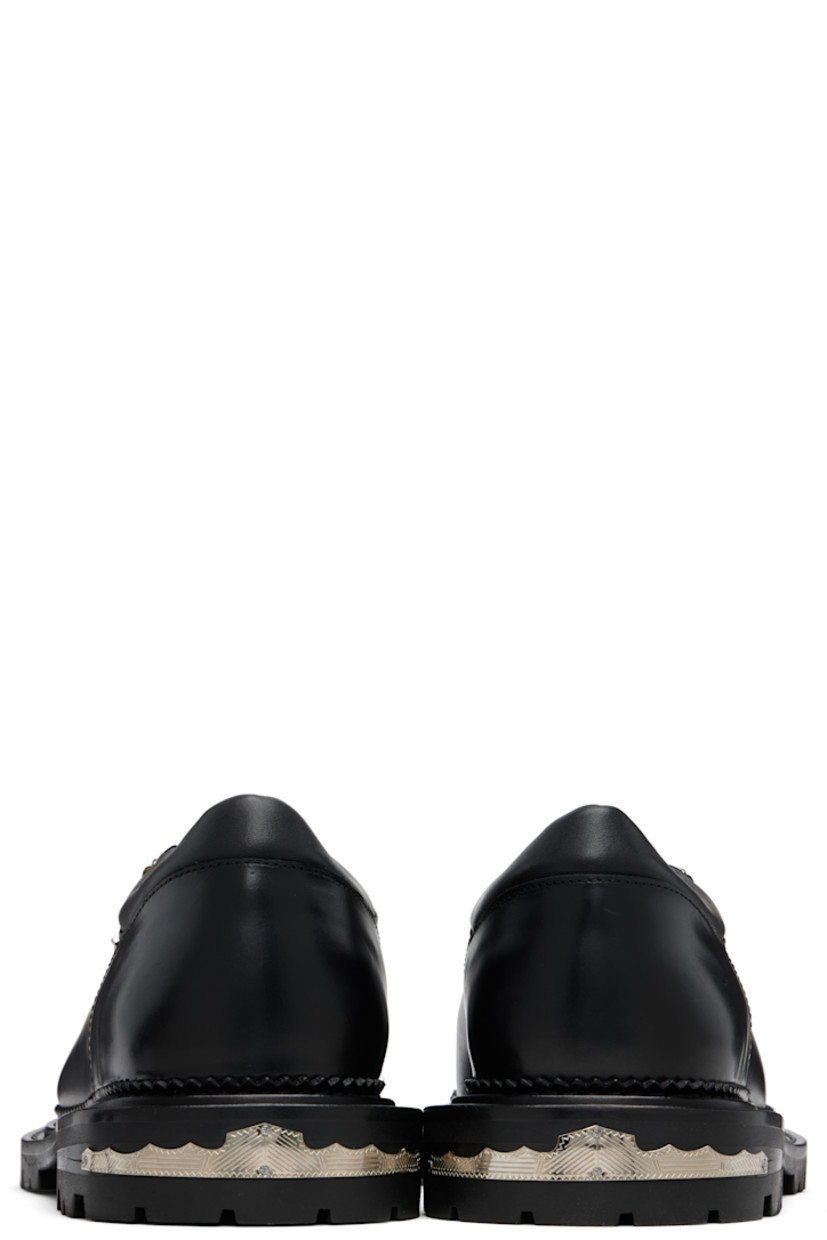 Polished leather derbys.

· Lace-up closure with engraved charms
· Padded leather collar
· Serrated edge at welt
· Etched plaque at heel 
· Treaded rubber sole

Supplier color: Black