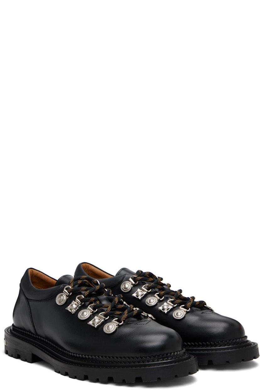 Polished leather derbys.

· Lace-up closure with engraved charms
· Padded leather collar
· Serrated edge at welt
· Etched plaque at heel 
· Treaded rubber sole

Supplier color: Black