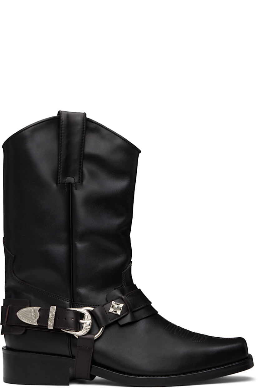 Calf-high grained leather cowboy-style boots.

· Square toe
· Embroidered detailing at vamp
· Detachable harness-style strap
· Pull-loops at collar
· Leather lining
· Block heel
· Leather sole with rubber heel
· Heel: H1.75"

Available exclusively at SSENSE. 

Supplier color: Dark Brown