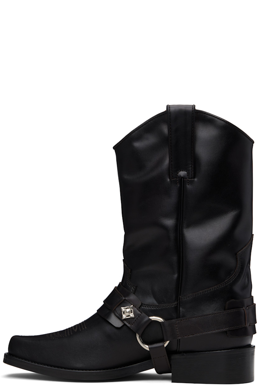 Calf-high grained leather cowboy-style boots.

· Square toe
· Embroidered detailing at vamp
· Detachable harness-style strap
· Pull-loops at collar
· Leather lining
· Block heel
· Leather sole with rubber heel
· Heel: H1.75"

Available exclusively at SSENSE. 

Supplier color: Dark Brown