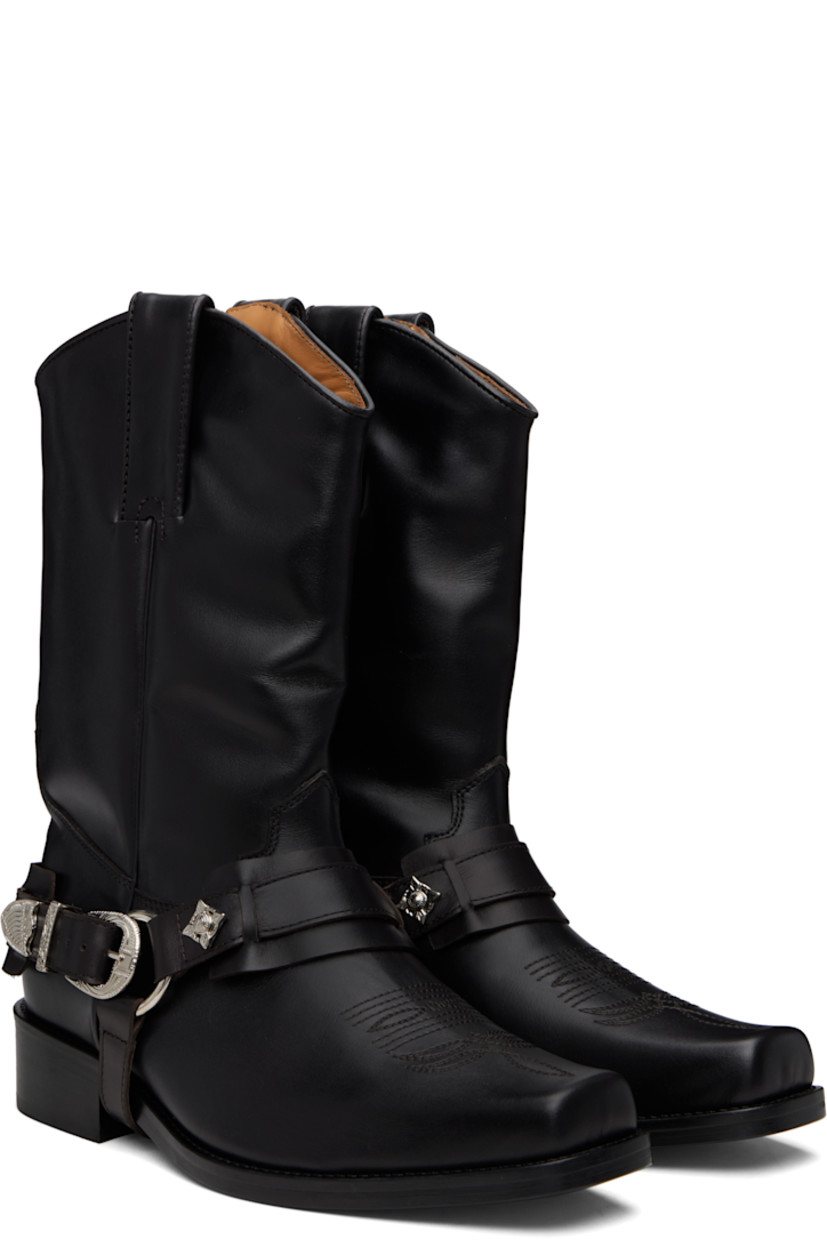 Calf-high grained leather cowboy-style boots.

· Square toe
· Embroidered detailing at vamp
· Detachable harness-style strap
· Pull-loops at collar
· Leather lining
· Block heel
· Leather sole with rubber heel
· Heel: H1.75"

Available exclusively at SSENSE. 

Supplier color: Dark Brown