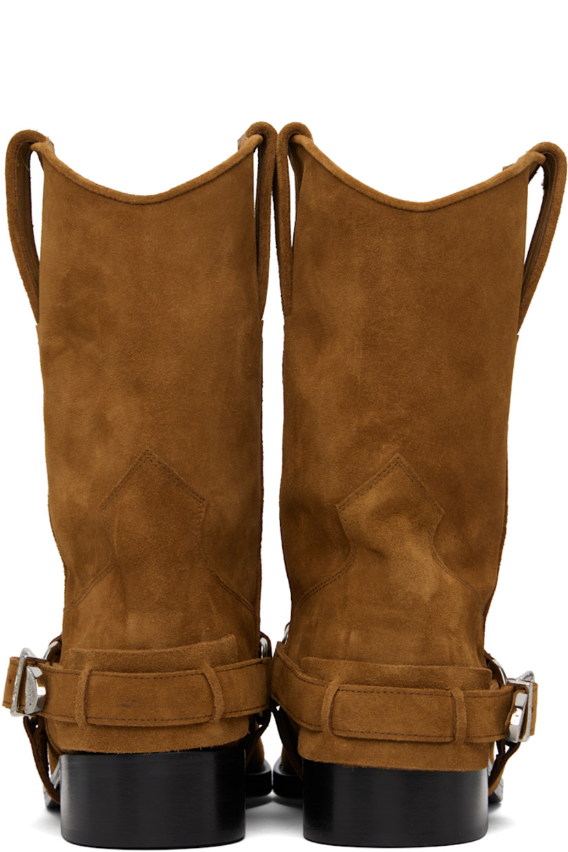 Mid-calf suede boots.

· Embroidered detailing at square toe
· Pin-buckle fastening at harness style strap
· Pull-loops at collar
· Buffed leather lining
· Stacked leather heel with rubber injection
· Leather sole
· Heel: H1.5"

Available exclusively at SSENSE.

Supplier color: Chocolate suede
