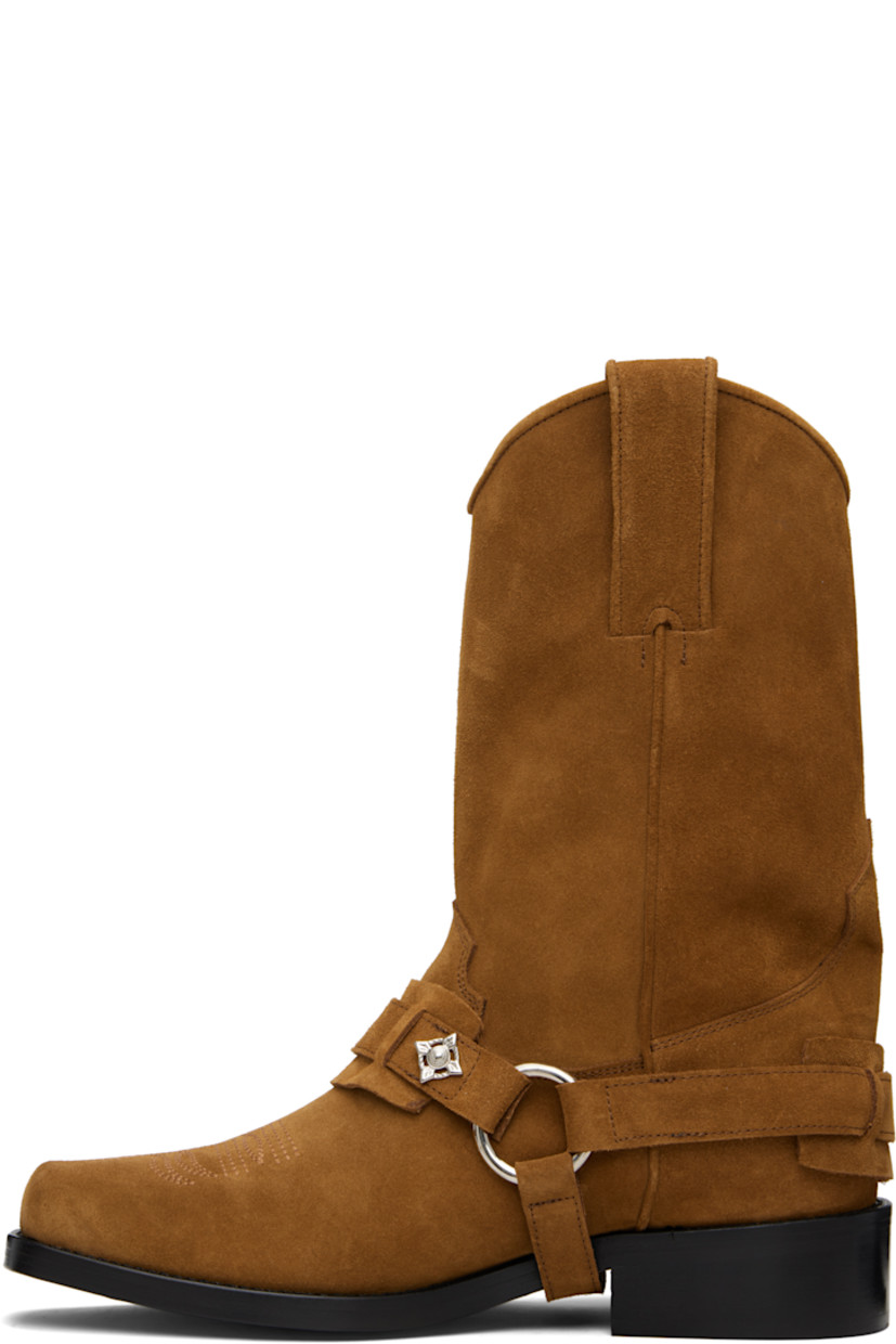 Mid-calf suede boots.

· Embroidered detailing at square toe
· Pin-buckle fastening at harness style strap
· Pull-loops at collar
· Buffed leather lining
· Stacked leather heel with rubber injection
· Leather sole
· Heel: H1.5"

Available exclusively at SSENSE.

Supplier color: Chocolate suede
