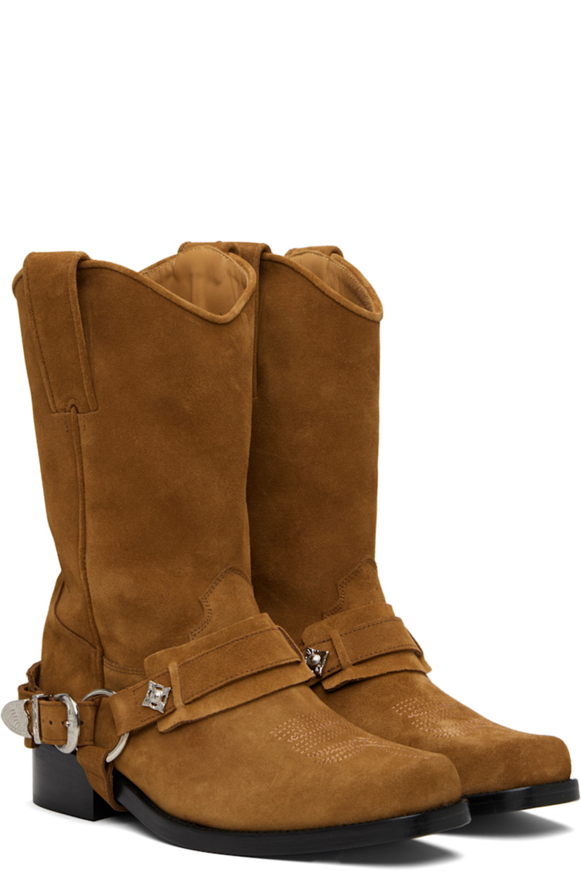 Mid-calf suede boots.

· Embroidered detailing at square toe
· Pin-buckle fastening at harness style strap
· Pull-loops at collar
· Buffed leather lining
· Stacked leather heel with rubber injection
· Leather sole
· Heel: H1.5"

Available exclusively at SSENSE.

Supplier color: Chocolate suede